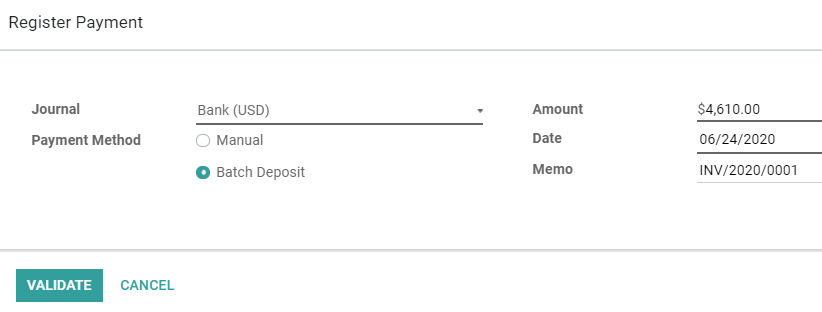 Registrar el pago de un cliente como un depósito en lote en Contabilidad de Odoo