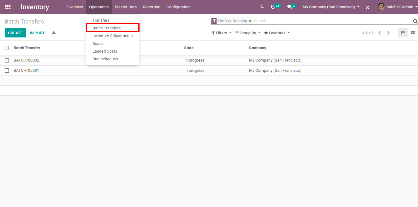 Vista del menú nuevo, transferencias en lote, en las operaciones.