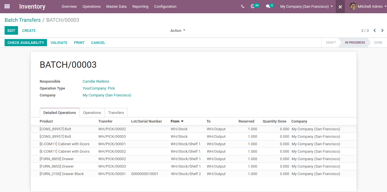 Vista de una lista de transferencias en lote. Los productos que se tienen que recolectar con las ubicaciones origen y destino