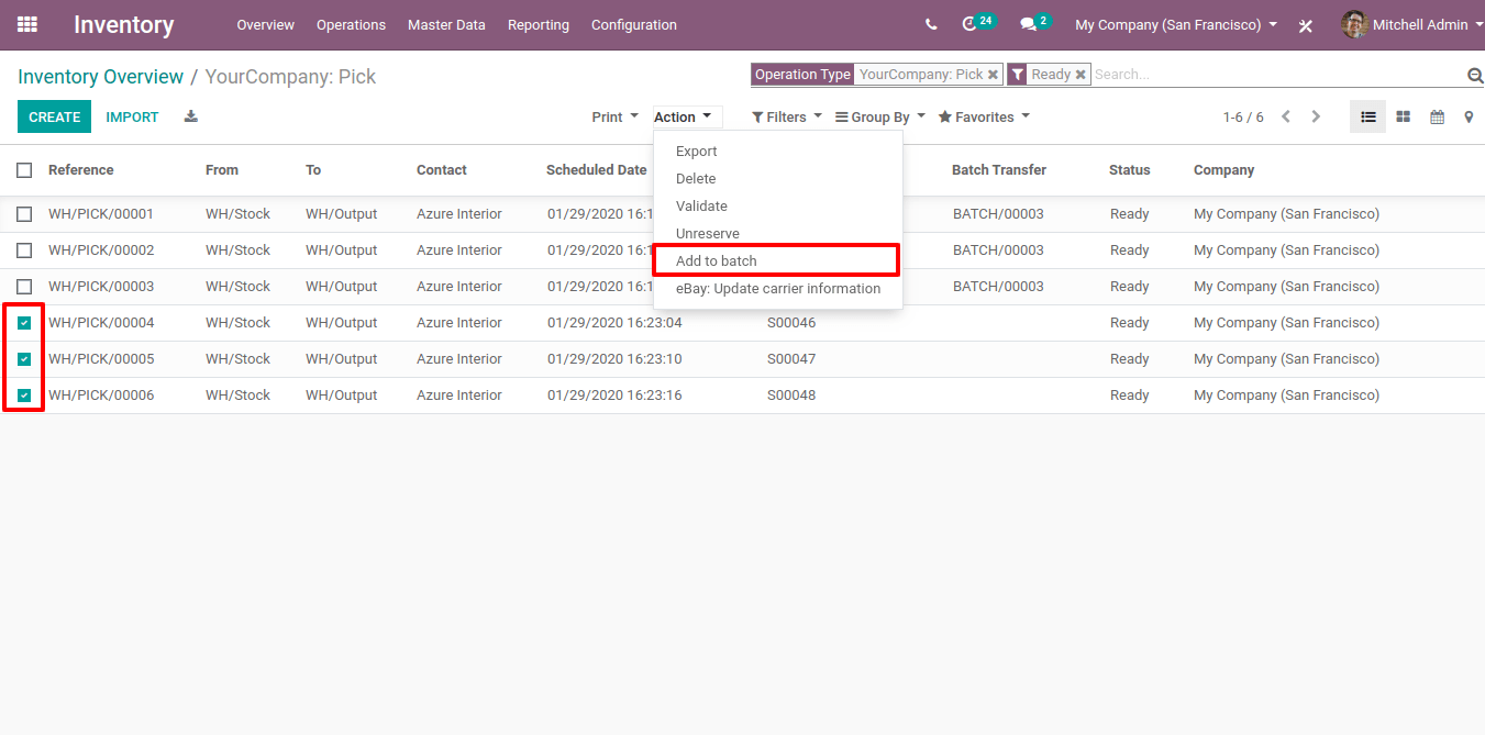 Vista del proceso para agregar transferencias a una transferencia en lote desde la vista de listas de transferencia