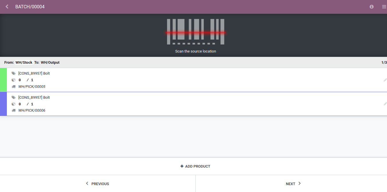 Imagen que muestra una transferencia por lotes en progreso con la aplicación Código de barras.