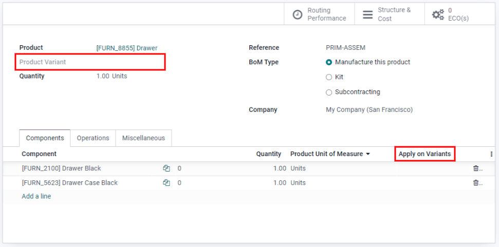 Variantes de producto en la lista de materiales