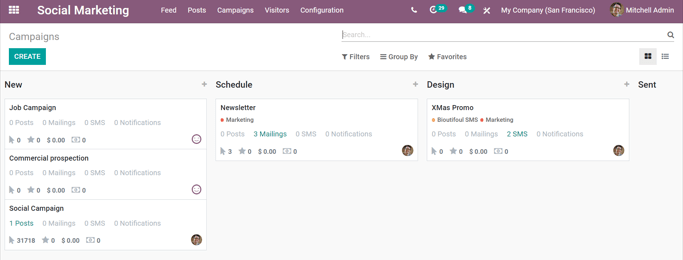 Vista de la página de campañas en la aplicación Marketing social de Odoo.