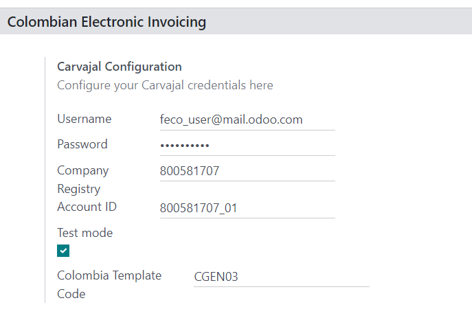 Configurar las credenciales para el servicio web de Carvajal en Odoo.