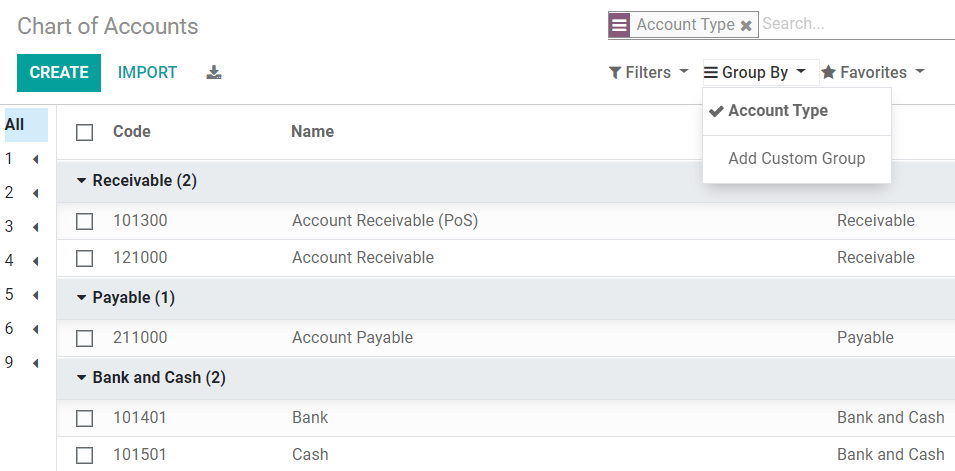 Agrupar las cuentas por tipo en la aplicación de Contabilidad de Odoo