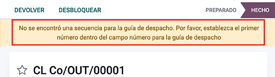 Ejemplo de un error de secuencia durante la creación de una guía de entrega en Odoo