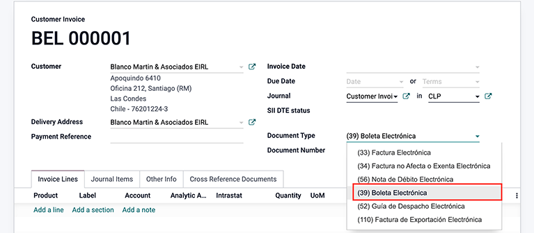 Selección del tipo de documento: (39) Boleta electrónica