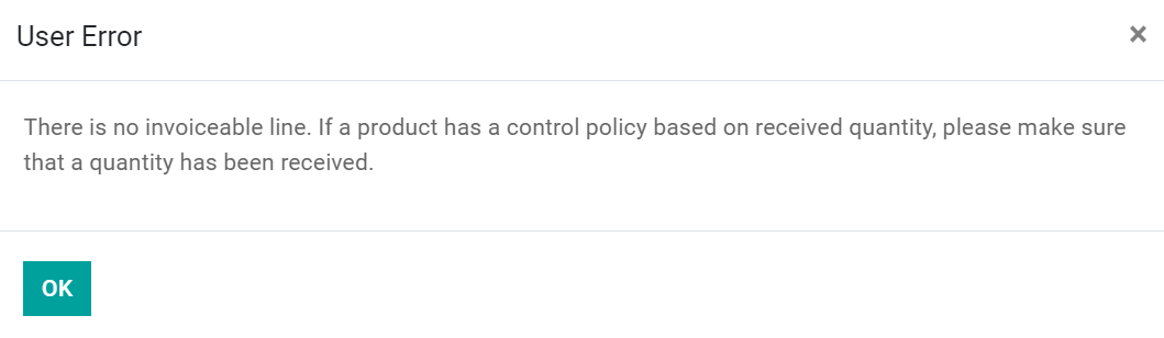 Mensaje de error que indica una línea no facturable en Compras de Odoo