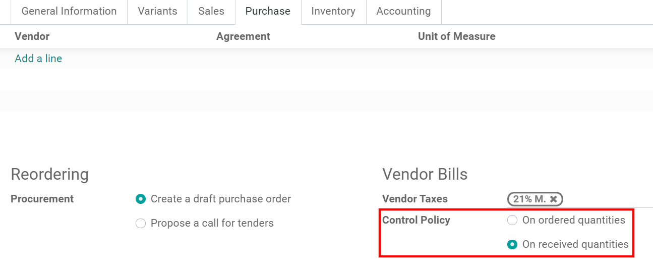 Ajustes de control predeterminados en las facturas de proveedor en Compras de Odoo