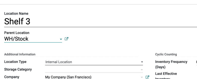 Creación de una nueva ubicación de almacén en la aplicación Inventario de Odoo.