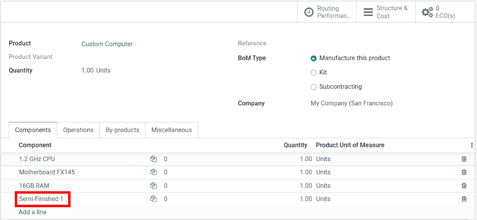 Una lista de materiales para un producto de nivel superior que incluye un componente de subconjunto.