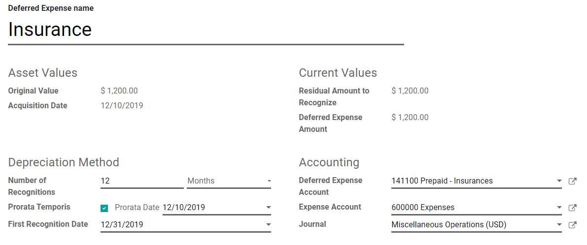 Asiento de gastos diferidos en Contabilidad de Odoo