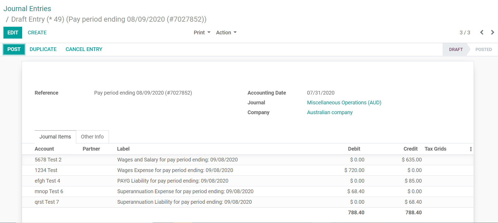 Ejemplo de un asiento contable de Employment Hero en la aplicación Contabilidad de Odoo (Australia)