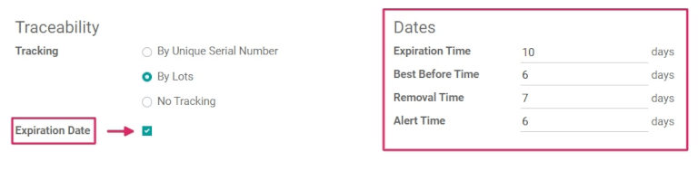 Configuración de fechas de caducidad en el formulario del producto.