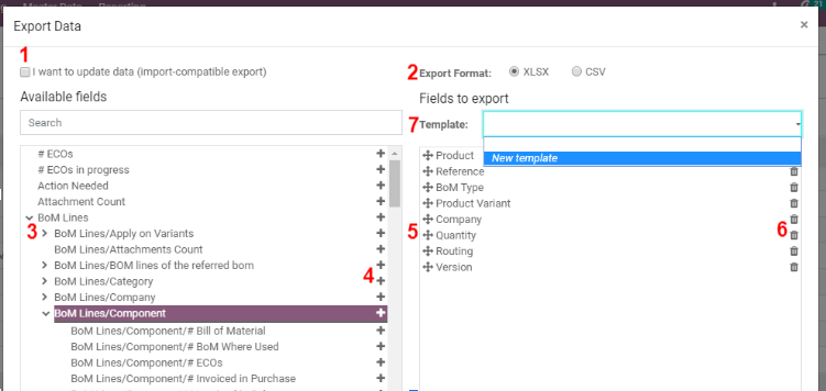 Vista general de todas las opciones a considerar al exportar datos en Odoo