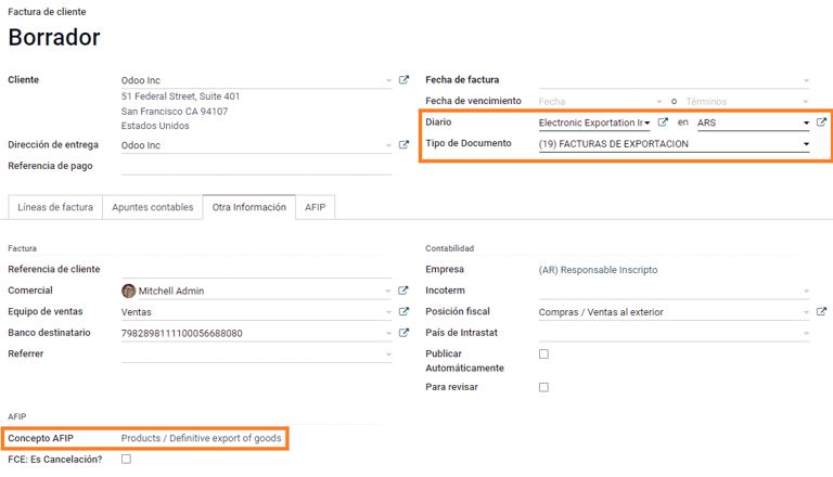 Campos de factura de exportación que se completan de forma automática en Odoo.