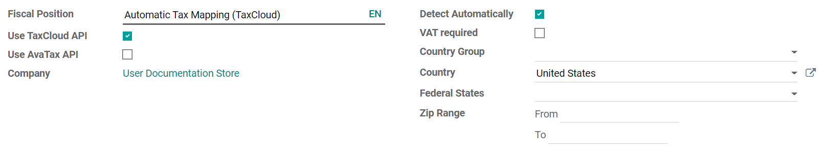 Ajuste "detectar de forma automática" en la posición fiscal de TaxCloud