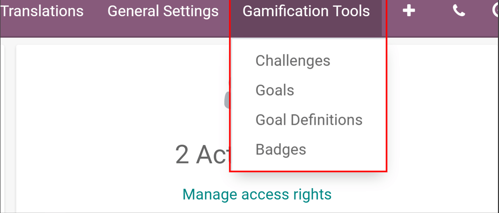 Vista del menú de herramientas de gamificación en los ajustes de Odoo.