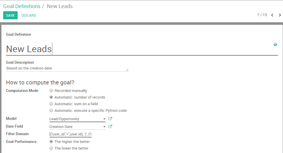 Vista del formulario de definición de meta y su creación en Ventas de Odoo.