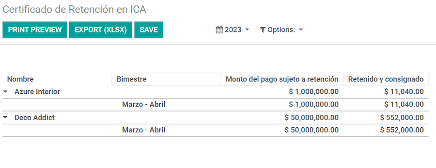 Reporte de Certificado de retención en ICA en la aplicación Contabilidad de Odoo.