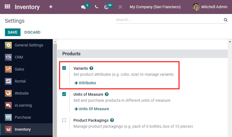 Seleccionar "Variantes" desde los ajustes de la aplicación Inventario.