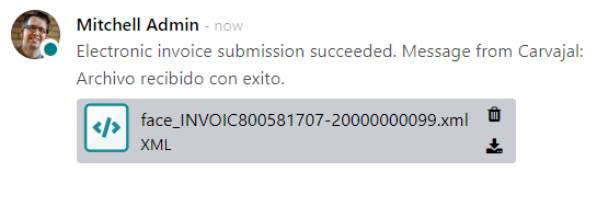 Archivo de factura XML de Carvajal en el chatter de Odoo.