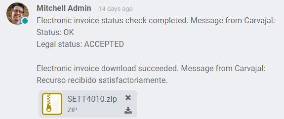 Archivo ZIP que se muestra en el chatter de la factura en Odoo.