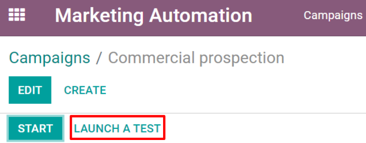 Botón de Comenzar una prueba en la aplicación de Automatización de marketing de Odoo.