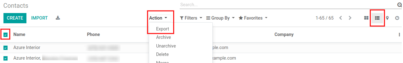 Vista de las distintas cosas por habilitar o hacer clic para exportar datos