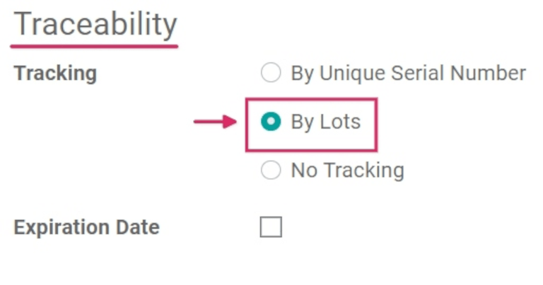 Función de seguimiento por lotes activada en el formulario del producto.