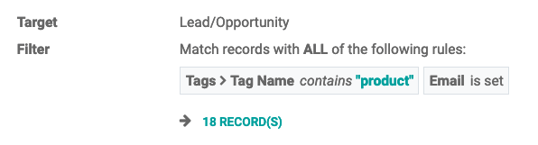 Filtros de generación de leads utilizados para mejorar los registros de las campañas de automatización en Odoo.