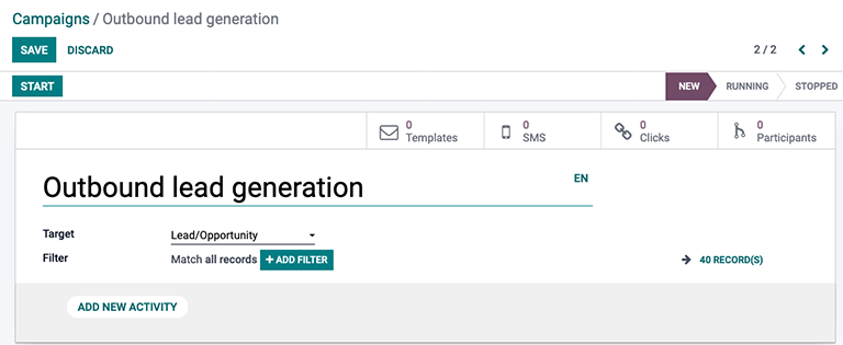 Un tablero que muestra la creación de una nueva campaña de automatización de marketing en Odoo.