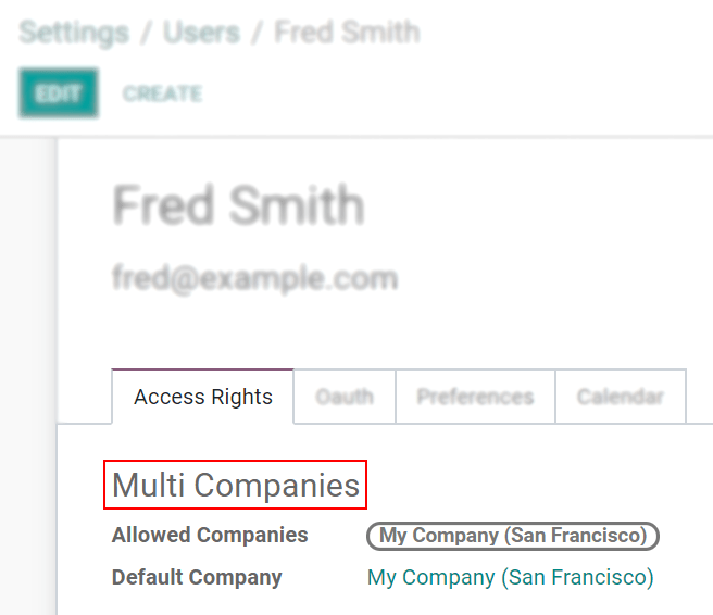 Vista del formulario del usuario enfatizando el campo multiempresas en Odoo