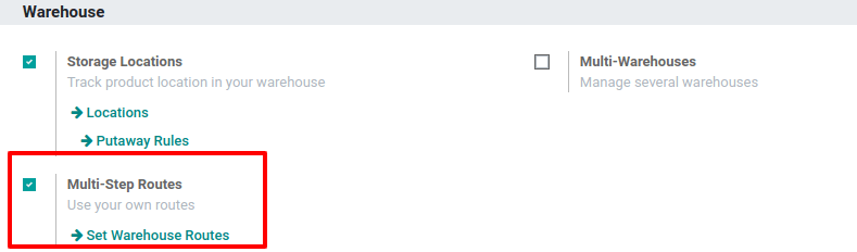 Activar la función "rutas multietapa" en la aplicación Inventario de Odoo