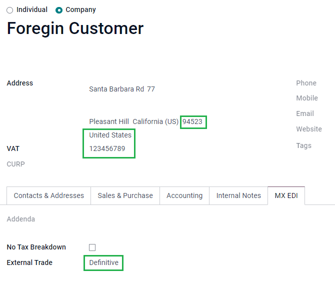 Campos necesarios para los clientes de comercio exterior.