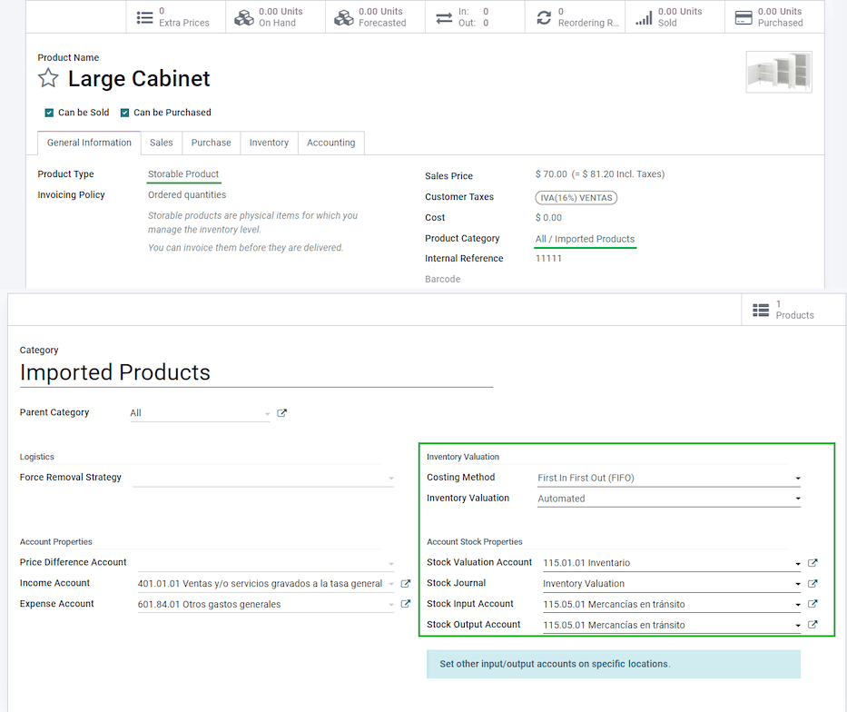 Configuración de los productos almacenables.