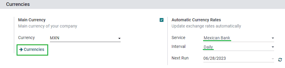 Configuración multidivisa.