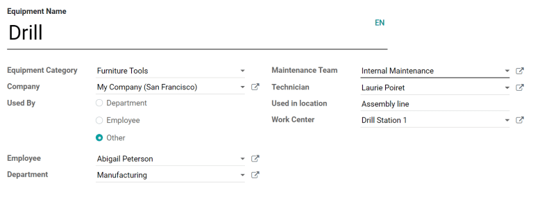 Un ejemplo de un formulario de equipo nuevo configurado en su totalidad.