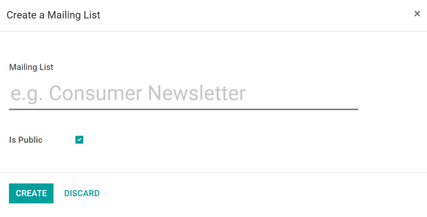 Vista de la ventana emergente para crear listas de correo en la aplicación Marketing por correo electrónico de Odoo.
