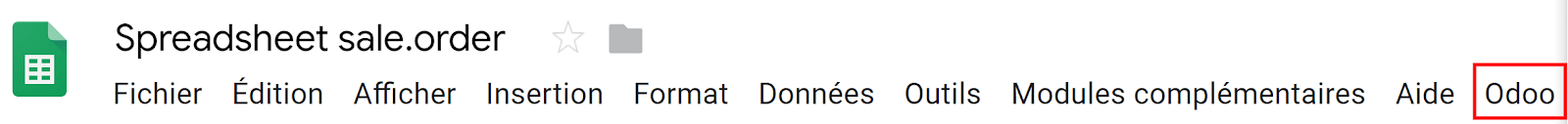 Imagen en la que se señala un menú llamado Odoo que se encuentra en barra de Spreadsheets.