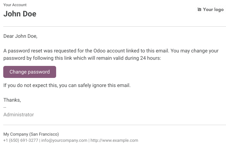 Ejemplo de un correo electrónico con un enlace para restablecer la contraseña para una cuenta de Odoo. 