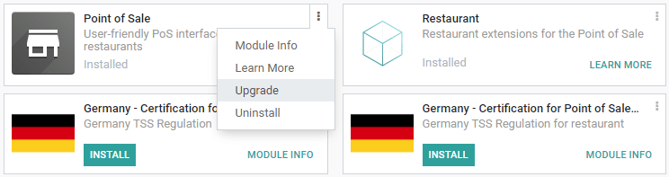 Actualización del Punto de venta de Odoo desde el tablero de aplicaciones