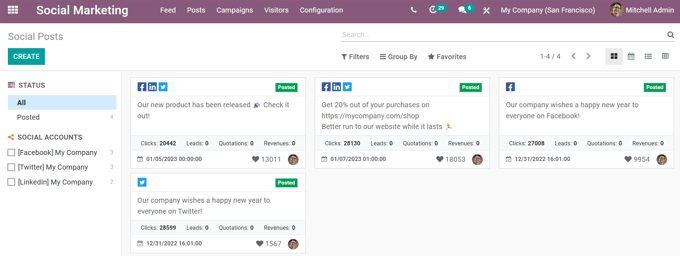 Vista de kanban de la página de publicaciones en la aplicación Marketing social de Odoo.