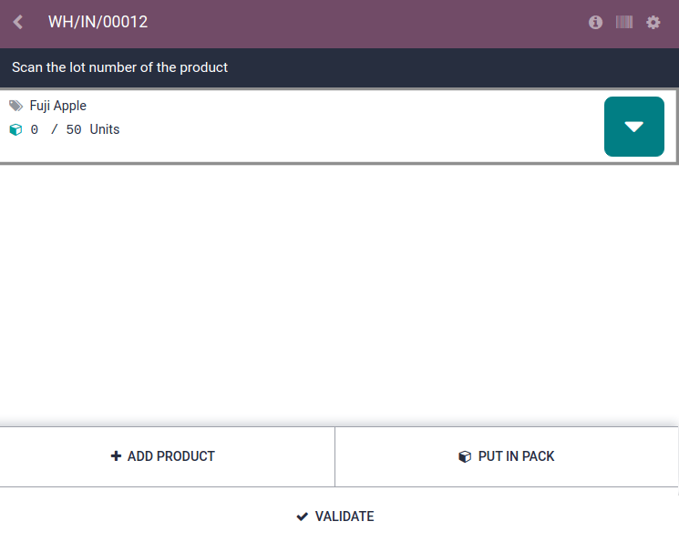 Escanee el código de barras de un producto al recibir un paquete en la aplicación *Código de barras*.