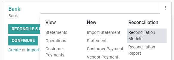 Abra el menú de modelos de conciliación desde el resumen del tablero de Contabilidad de Odoo.