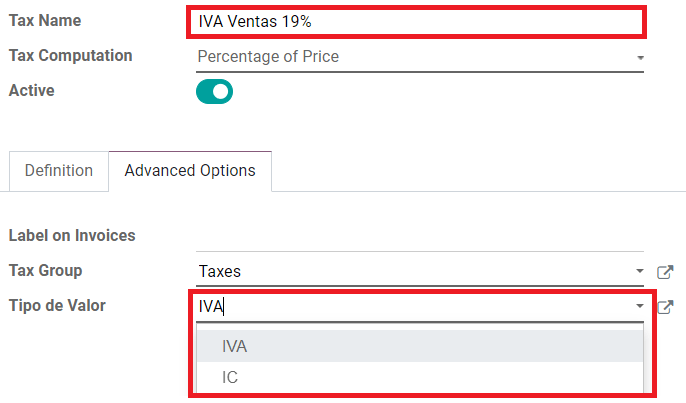 Los campos ICA, IVA y Fuente en la pestaña Opciones avanzadas en Odoo.