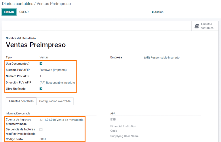 Un campo de Sistema PdV AFIP disponible en los diarios de venta de Odoo.