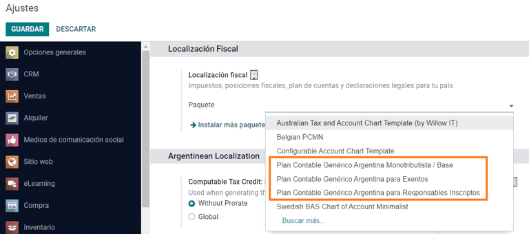 Selección del paquete de localización fiscal.