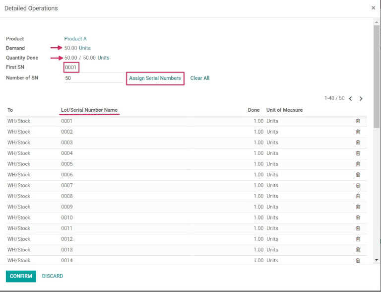 Asignación de números de serie automática en la ventana emergente de operaciones detalladas