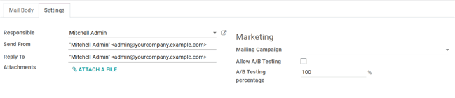 Vista de la pestaña de ajustes en la aplicación Marketing por correo electrónico de Odoo, con los ajustes activados.